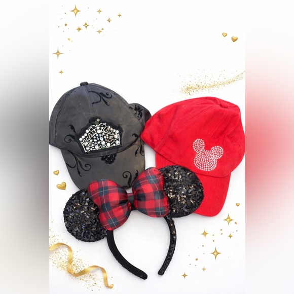 Disney Accessories - Disney Parks Minnie Mouse Hat & Sequin Ear Headband Bundle Red Black Rhinestone